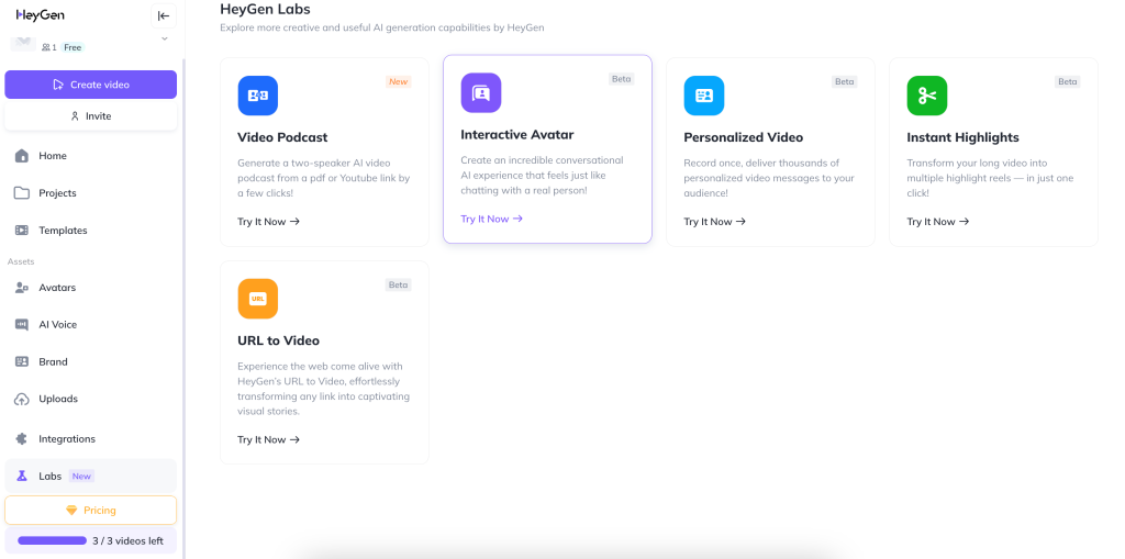 En Labs (beta) de Heygen.ai - ingresa a Interactive Avatar.