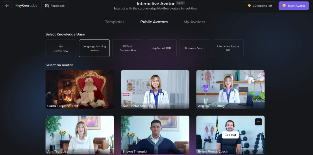 En Interactive Avatar tienes varias opciones, selecciona Public Avatars