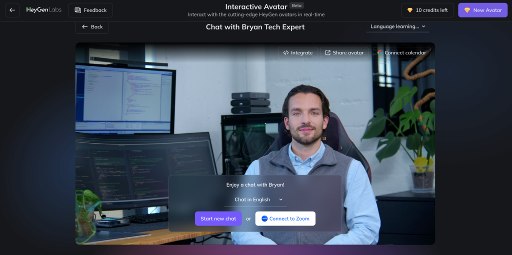 Selecciona un Avatar de la especialidad que quieras para conversar en - HeyGen.ai  - Dale clic en Connect to Zoom para realizar la llamada.