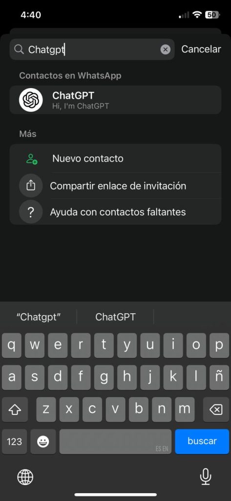 Busca el nuevo contacto en WhatsApp llamado ChatGPT.