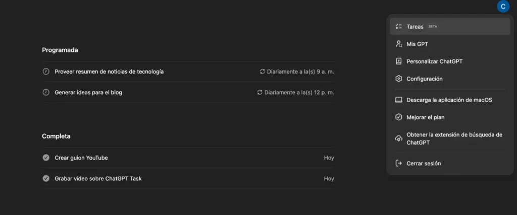 Configura, Pausa, elimina Tareas con ChatGPT Task