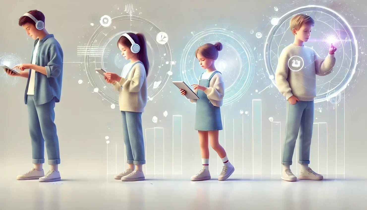 Niños representando la Generación Alfa y Generación Beta, conectados por un puente tecnológico futurista en un entorno minimalista. Niños Beta