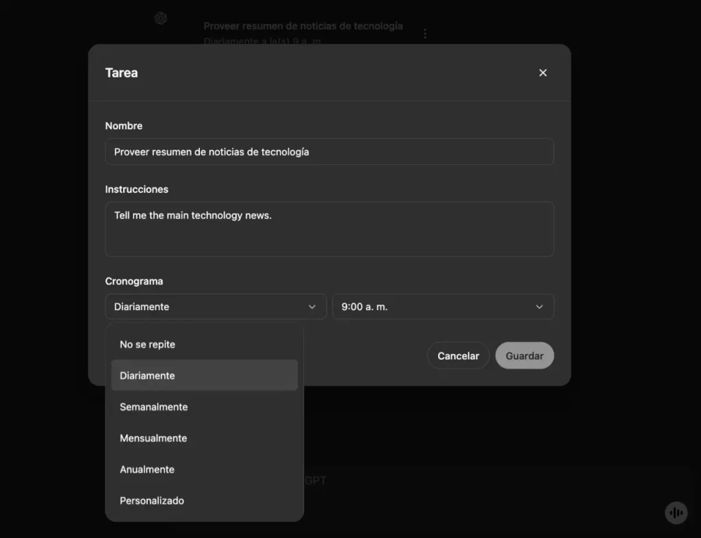 Edita y programa cada Tarea con ChatGPT Task