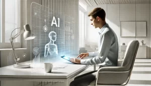 Joven profesional trabajando con un iPad en un escritorio minimalista y moderno, en un ambiente limpio con tonos blancos y grises, representando el uso de herramientas de inteligencia artificial en 2025.