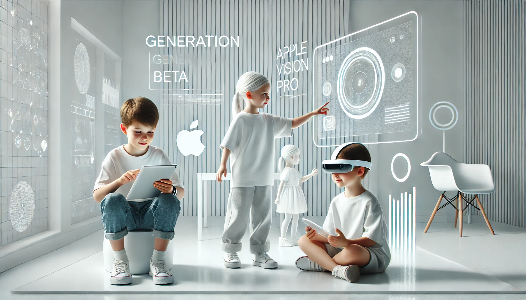 Niños de la Generación Beta interactuando con tecnología futurista